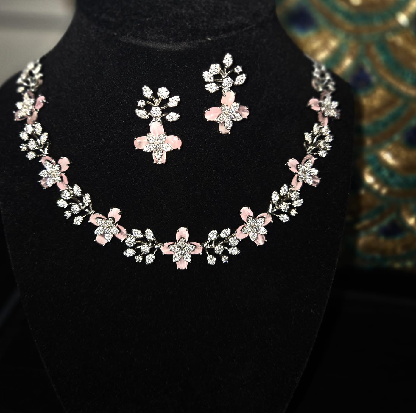 Floral Sapphire American Diamond Necklace Set