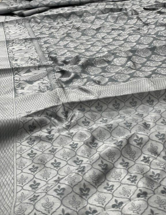 Pre-stitched Soft Lichi Silk Saree - Gray